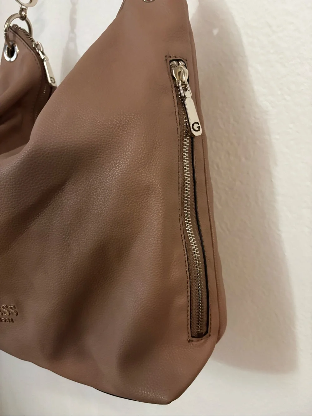 Guess Tan Pebbled Shoulder Hobo Bag with Silver Hardware